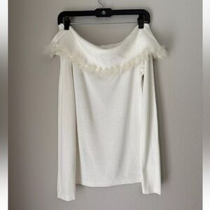 Lilly Pulitzer Alira Sweater Off The Shoulder Coconut Faux Fur Trim Collar Sz S.